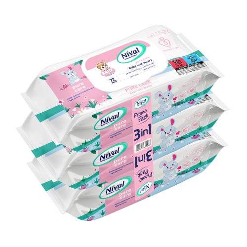 NIVAL nedves törlőkendő babáknak Promo Pack Pure Care 3x72 db
