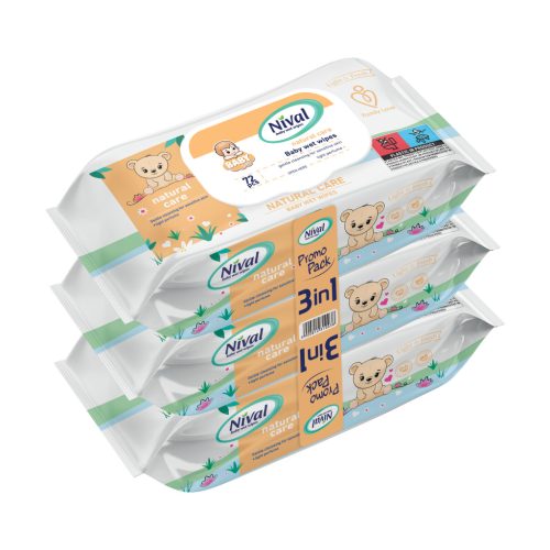 NIVAL nedves törlőkendő babáknak Promo Pack Natural Care 3x72 db